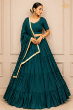 Teal Green Tiered Flared Lehenga Choli with Real Mirror Work Neckline