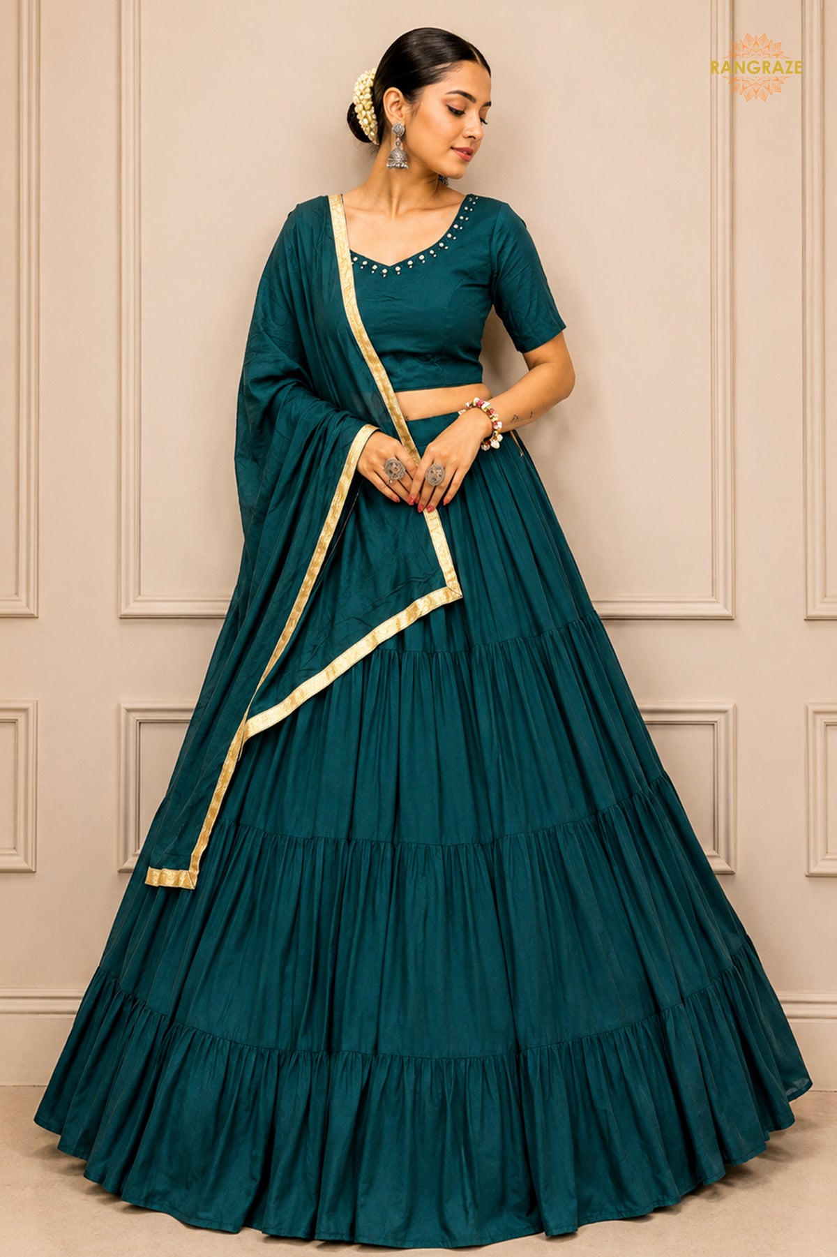 Teal Green Tiered Flared Lehenga Choli with Real Mirror Work Neckline