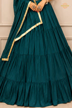 Teal Green Tiered Flared Lehenga Choli with Real Mirror Work Neckline