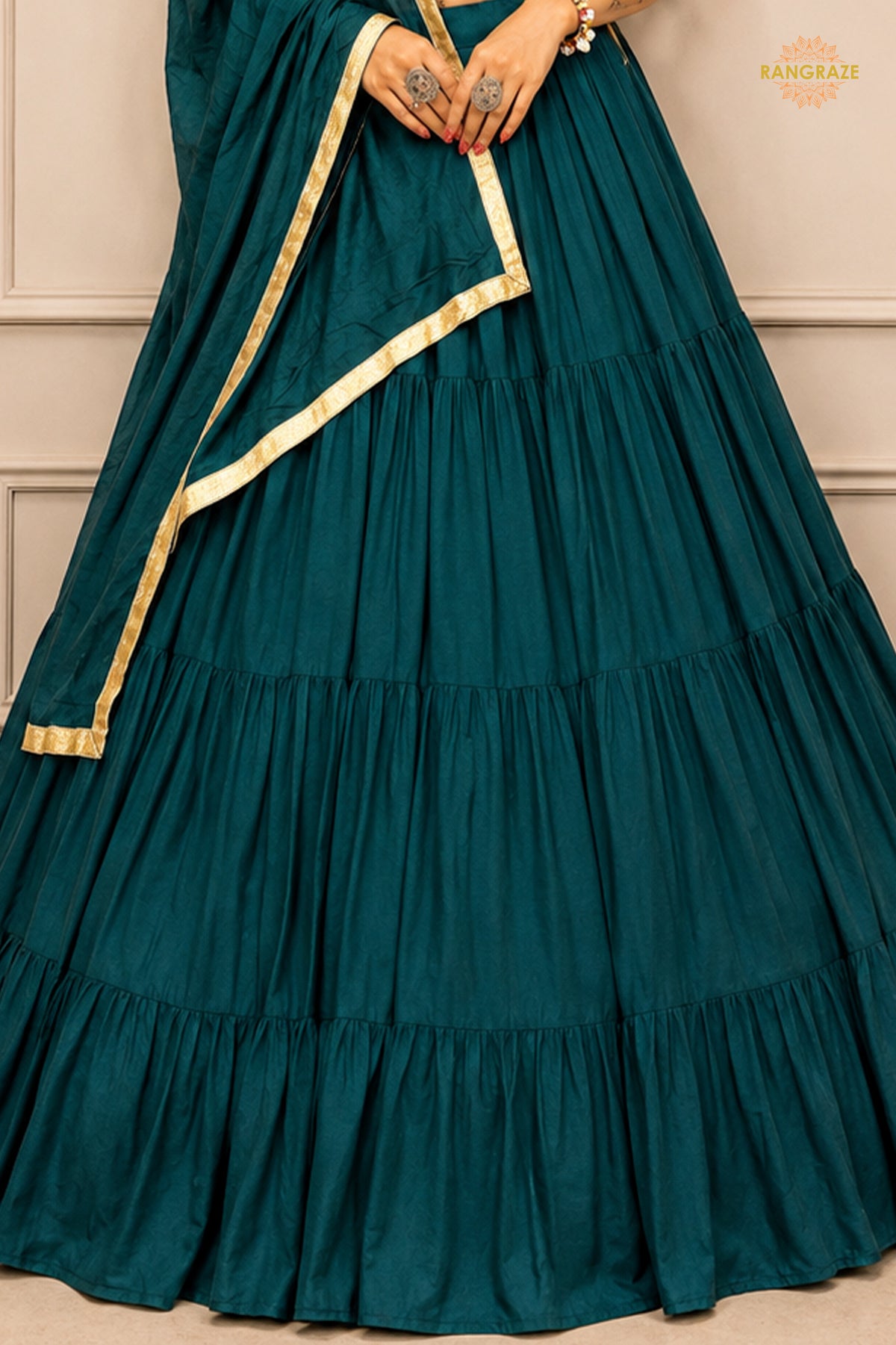 Teal Green Tiered Flared Lehenga Choli with Real Mirror Work Neckline