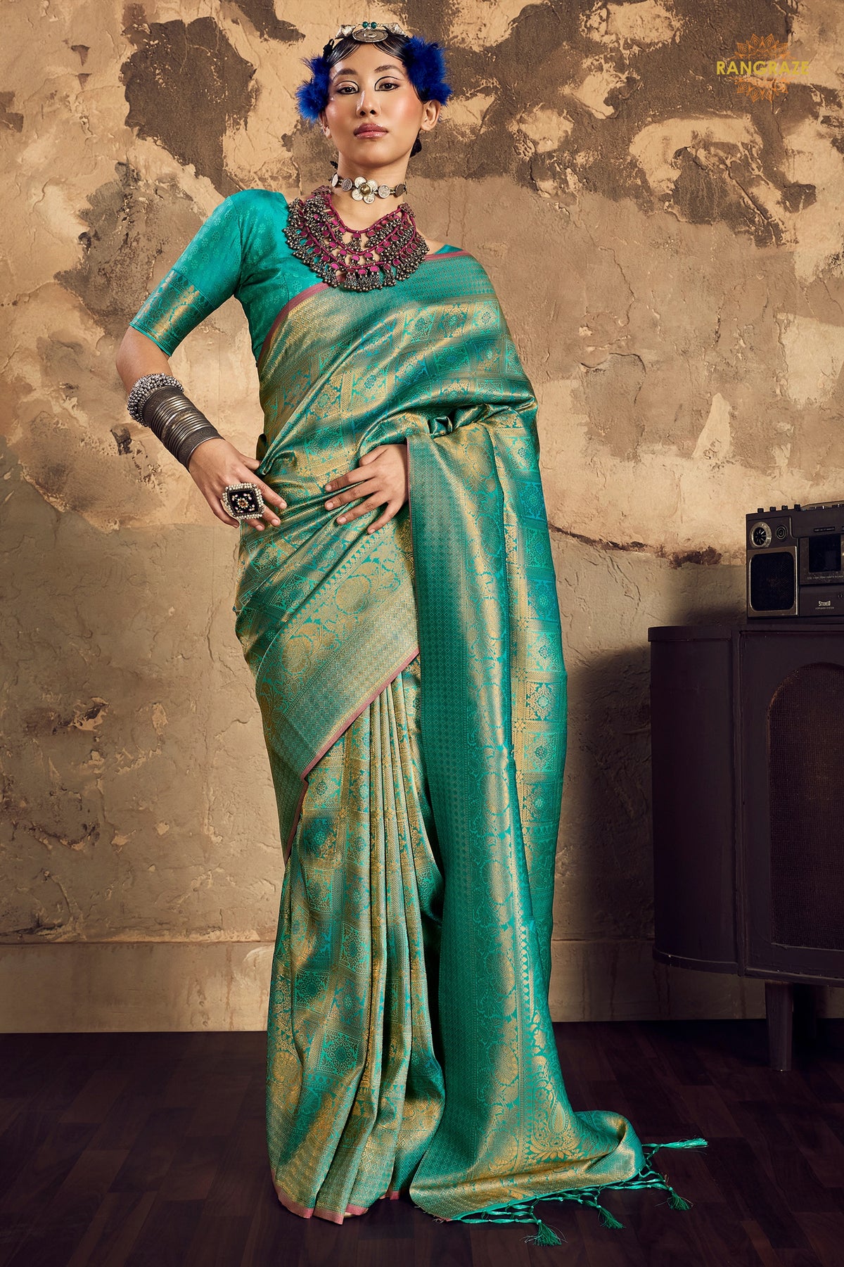Teal Green Woven Kanjivaram Silk Saree