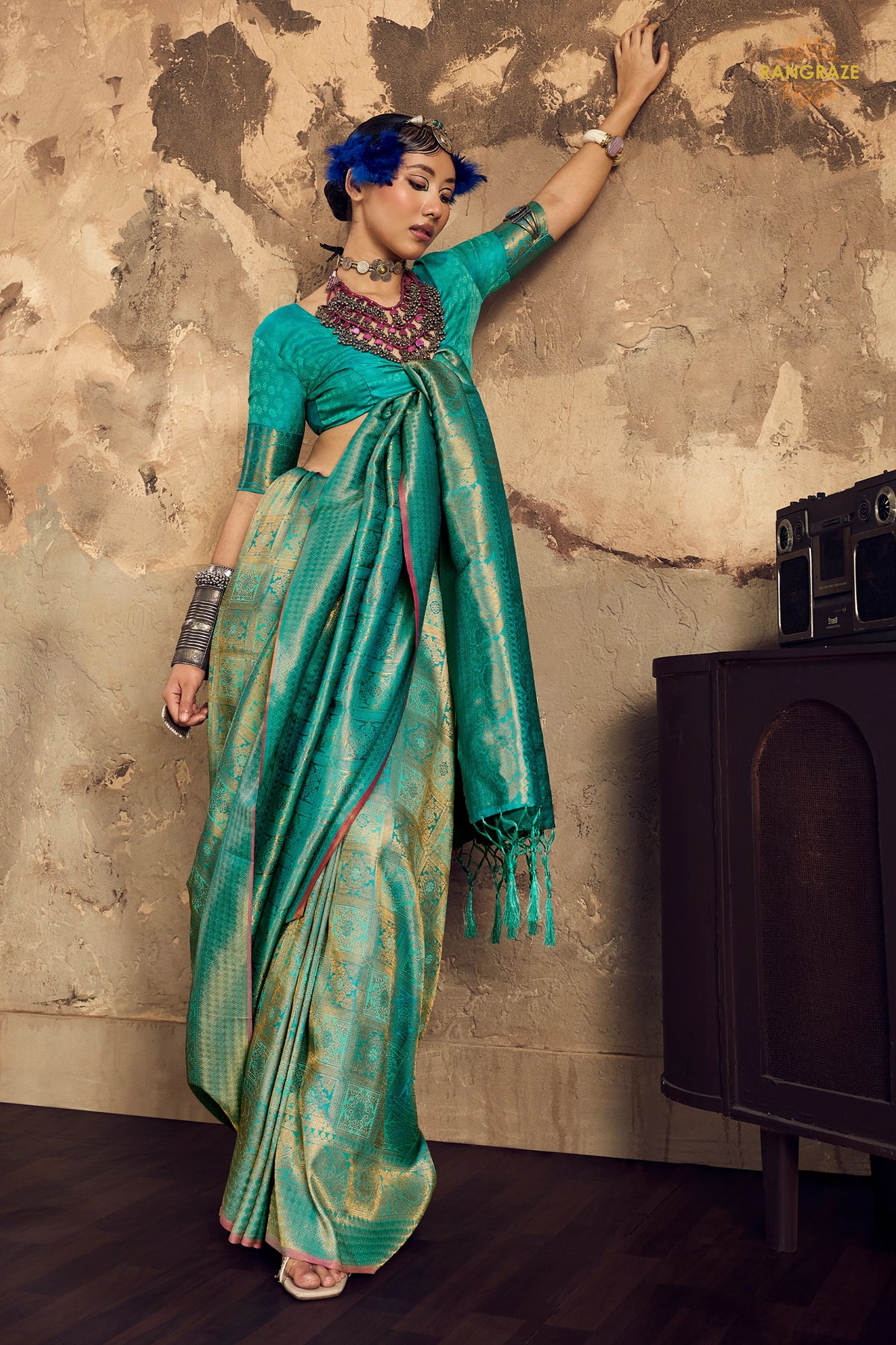 Teal Green Woven Kanjivaram Silk Saree