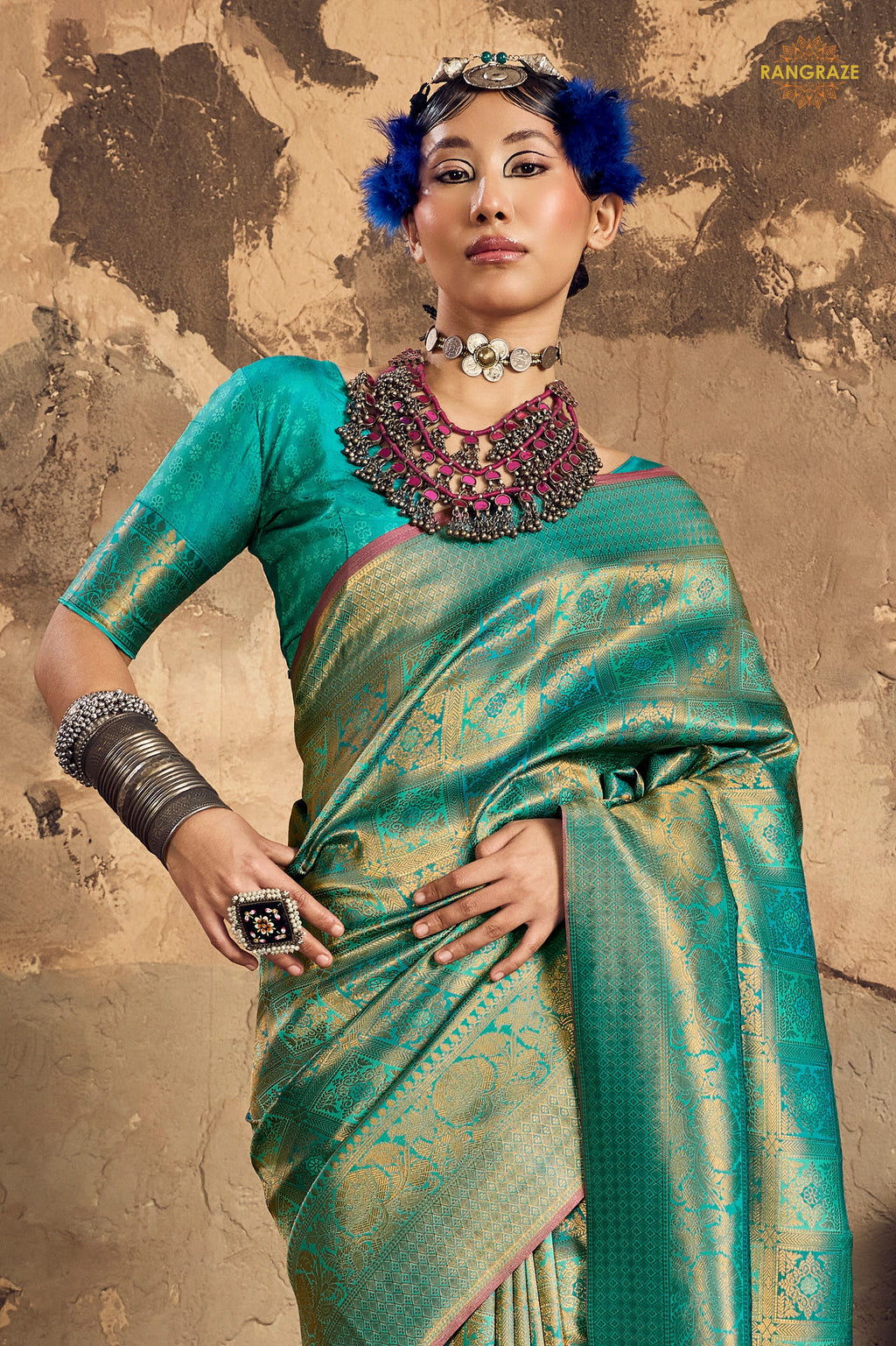 Teal Green Woven Kanjivaram Silk Saree