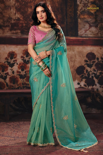 Turquoise Blue Designer Organza Saree With Embroidered Blouse