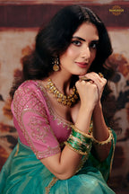 Turquoise Blue Designer Organza Saree With Embroidered Blouse