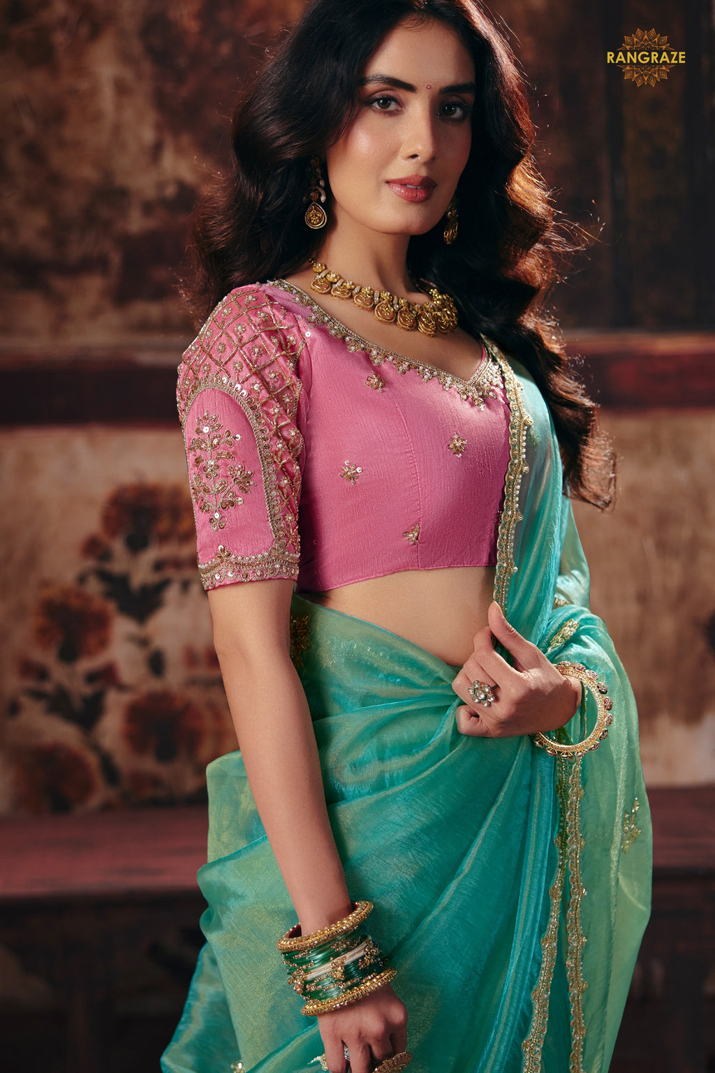 Turquoise Blue Designer Organza Saree With Embroidered Blouse