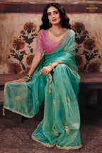 Turquoise Blue Designer Organza Saree With Embroidered Blouse