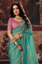 Turquoise Blue Designer Organza Saree With Embroidered Blouse