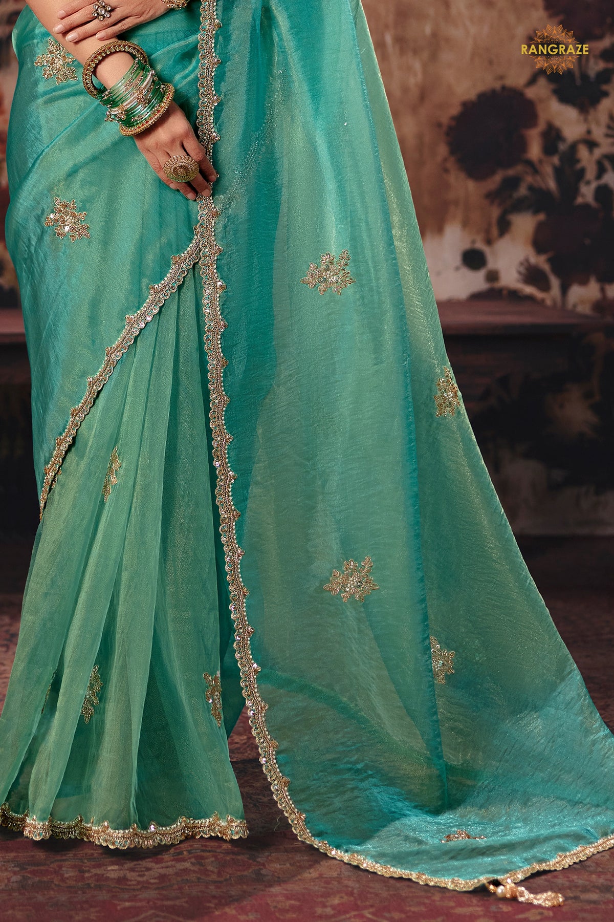 Turquoise Blue Designer Organza Saree With Embroidered Blouse