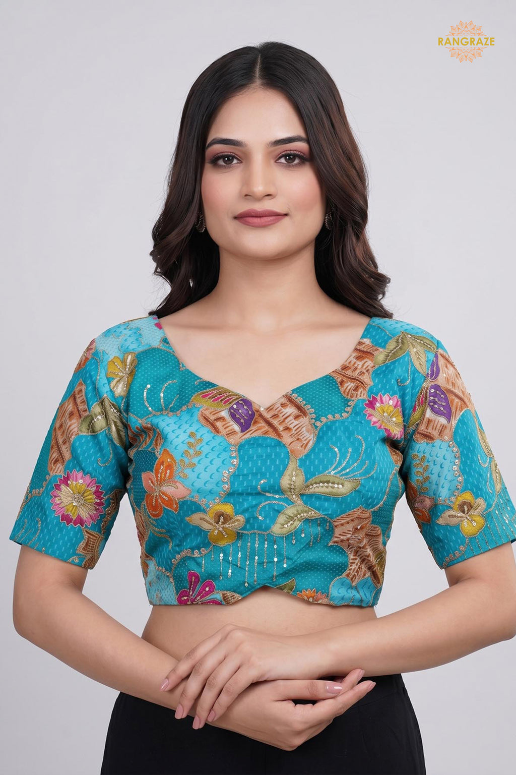 Turquoise Blue Printed Viscose Blouse with Embroidered Work