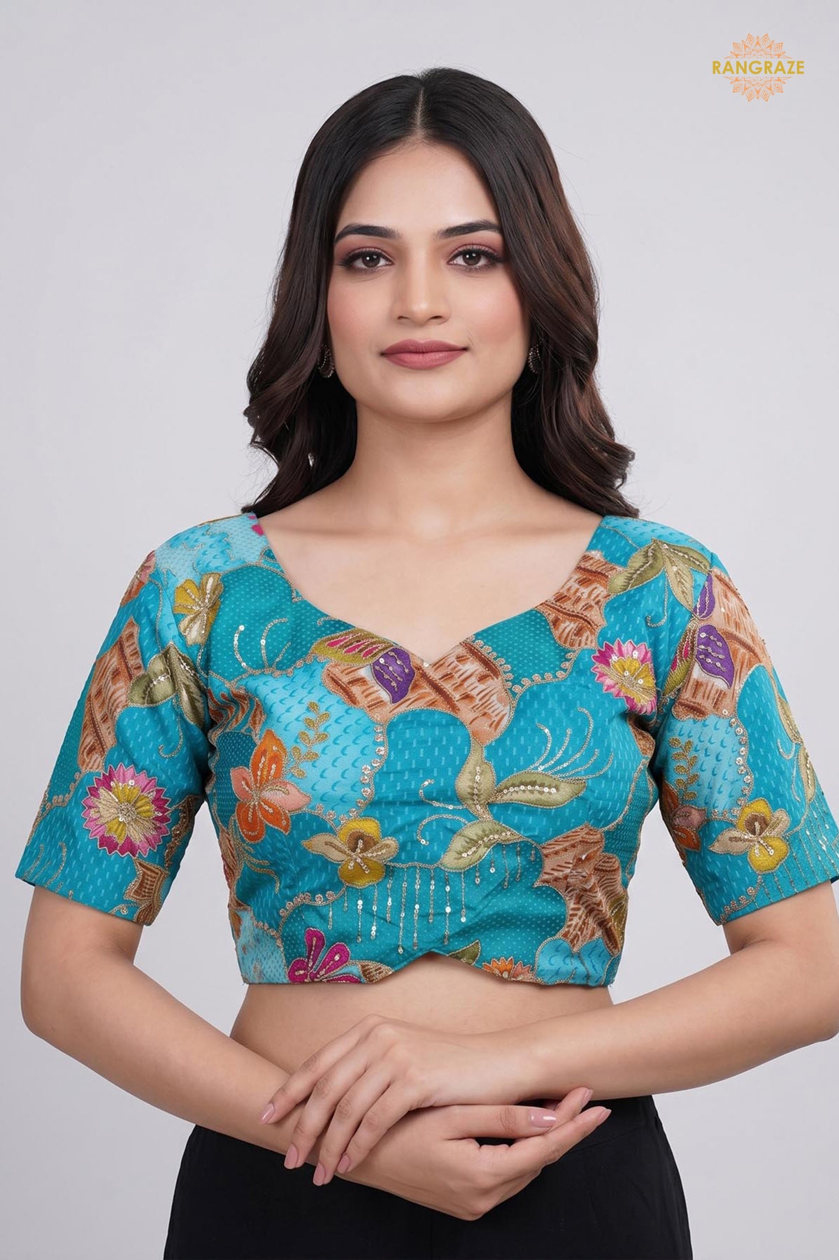 Turquoise Blue Printed Viscose Blouse with Embroidered Work