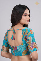 Turquoise Blue Printed Viscose Blouse with Embroidered Work