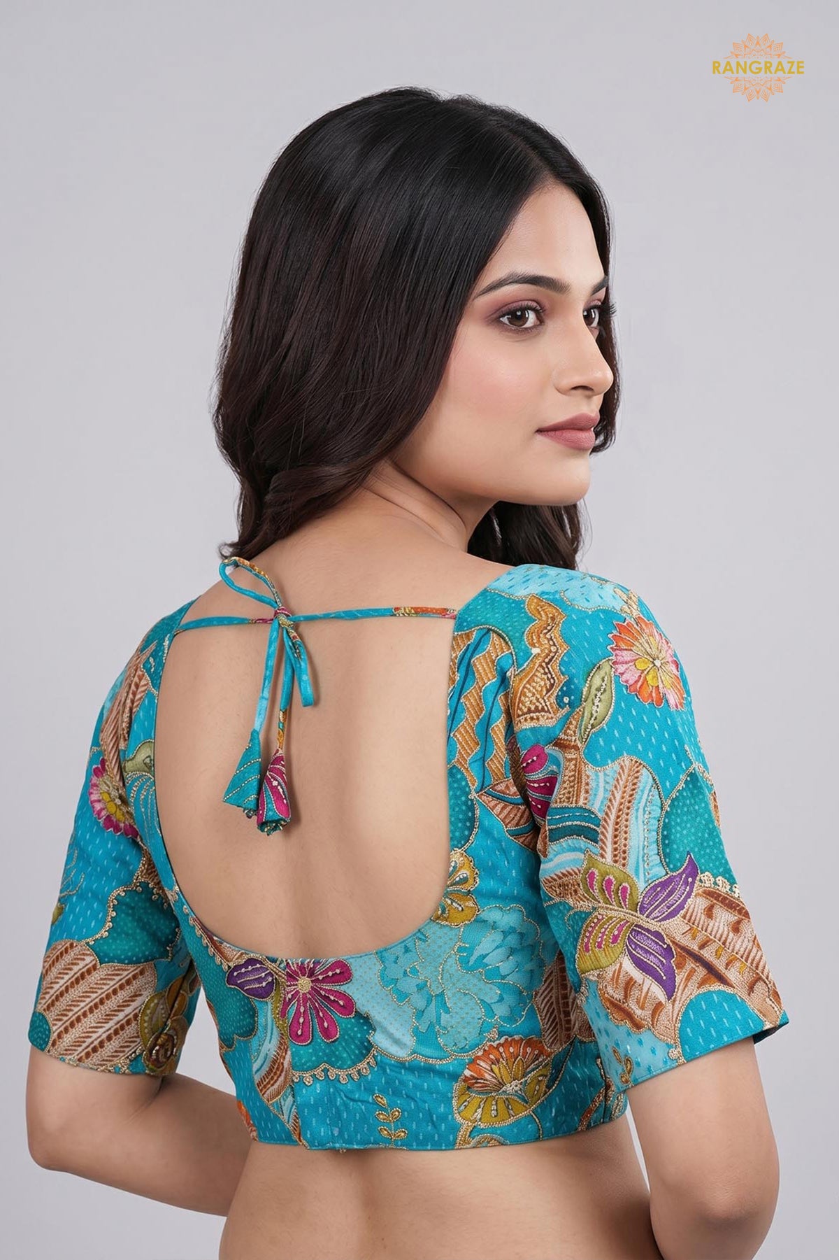 Turquoise Blue Printed Viscose Blouse with Embroidered Work