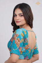 Turquoise Blue Printed Viscose Blouse with Embroidered Work