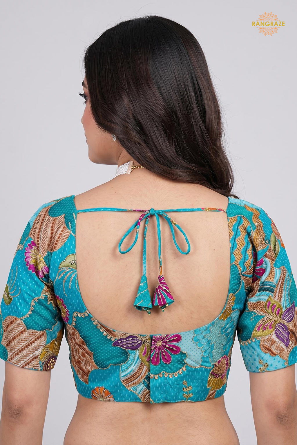 Turquoise Blue Printed Viscose Blouse with Embroidered Work