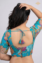 Turquoise Blue Printed Viscose Blouse with Embroidered Work
