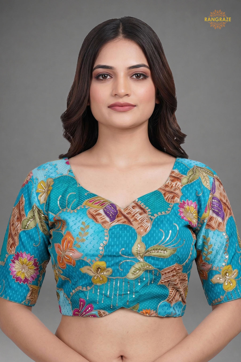 Turquoise Blue Printed Viscose Blouse with Embroidered Work