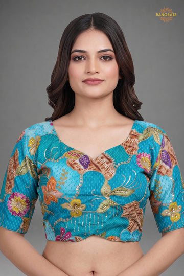 Turquoise Blue Printed Viscose Blouse with Embroidered Work
