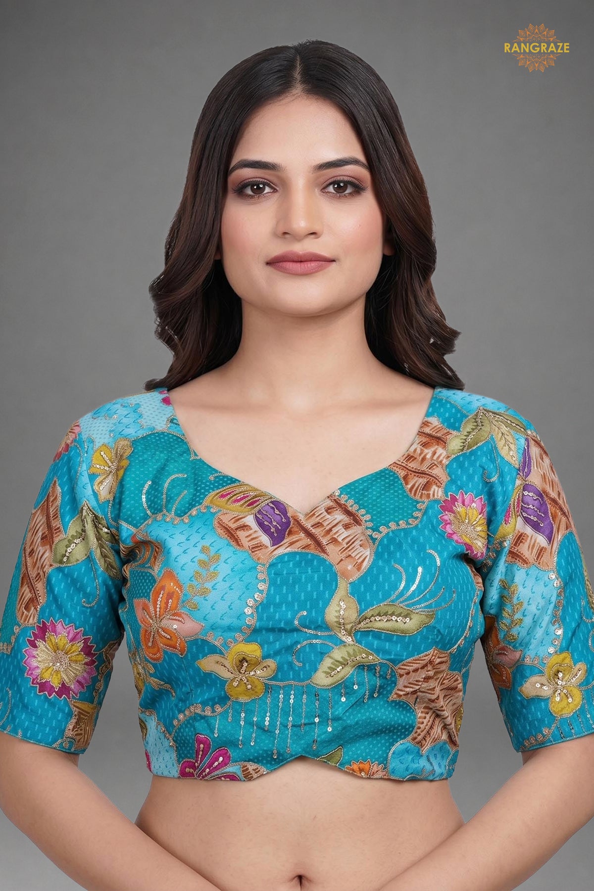 Turquoise Blue Printed Viscose Blouse with Embroidered Work