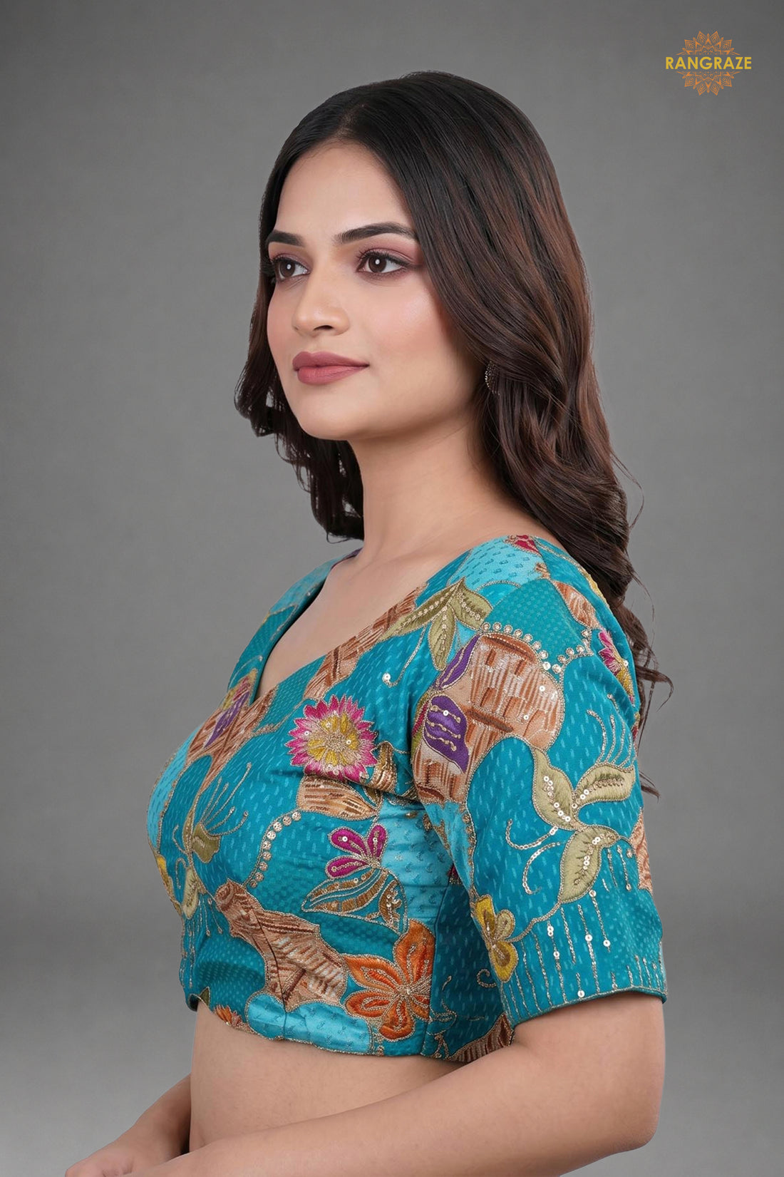 Turquoise Blue Printed Viscose Blouse with Embroidered Work