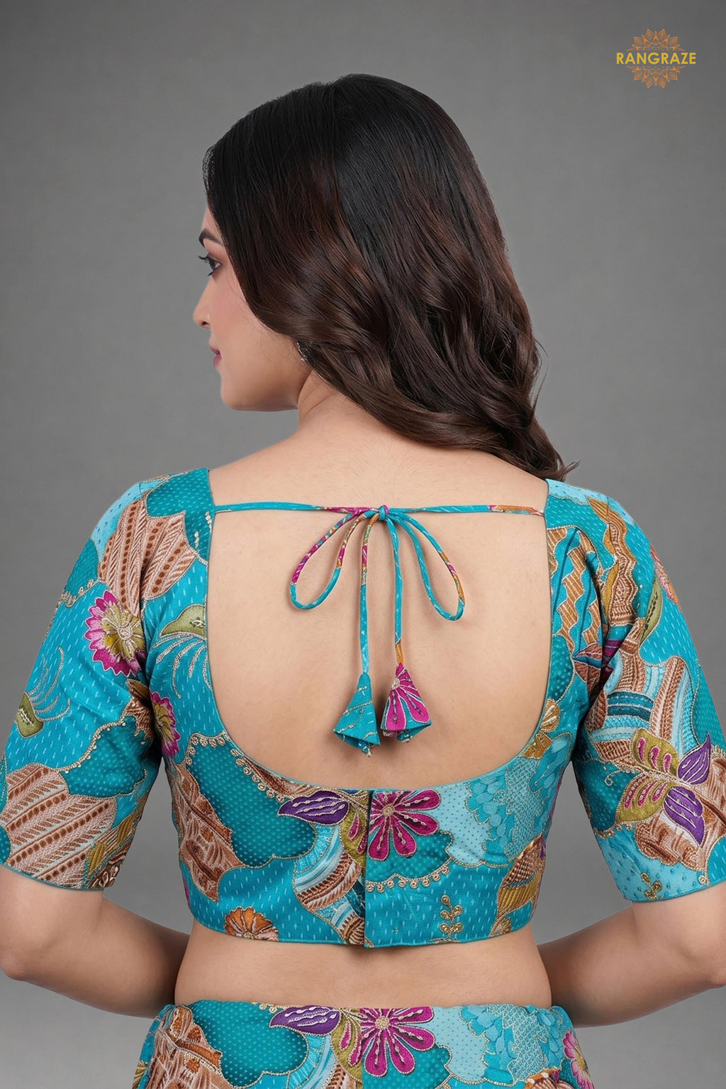 Turquoise Blue Printed Viscose Blouse with Embroidered Work