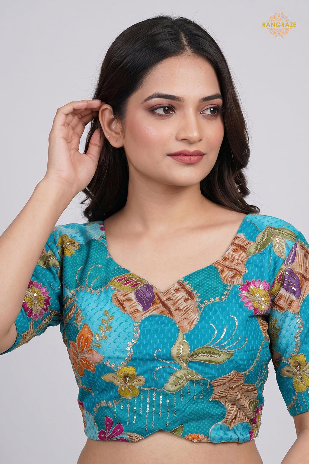 Turquoise Blue Printed Viscose Blouse with Embroidered Work
