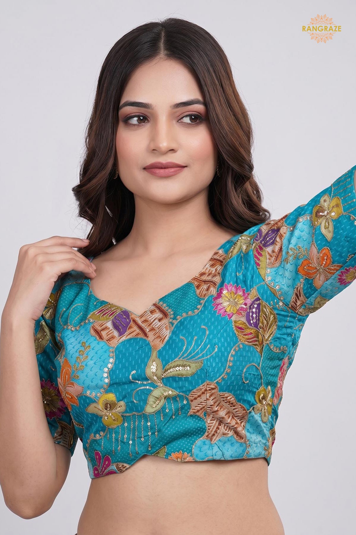 Turquoise Blue Printed Viscose Blouse with Embroidered Work