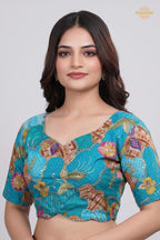 Turquoise Blue Printed Viscose Blouse with Embroidered Work