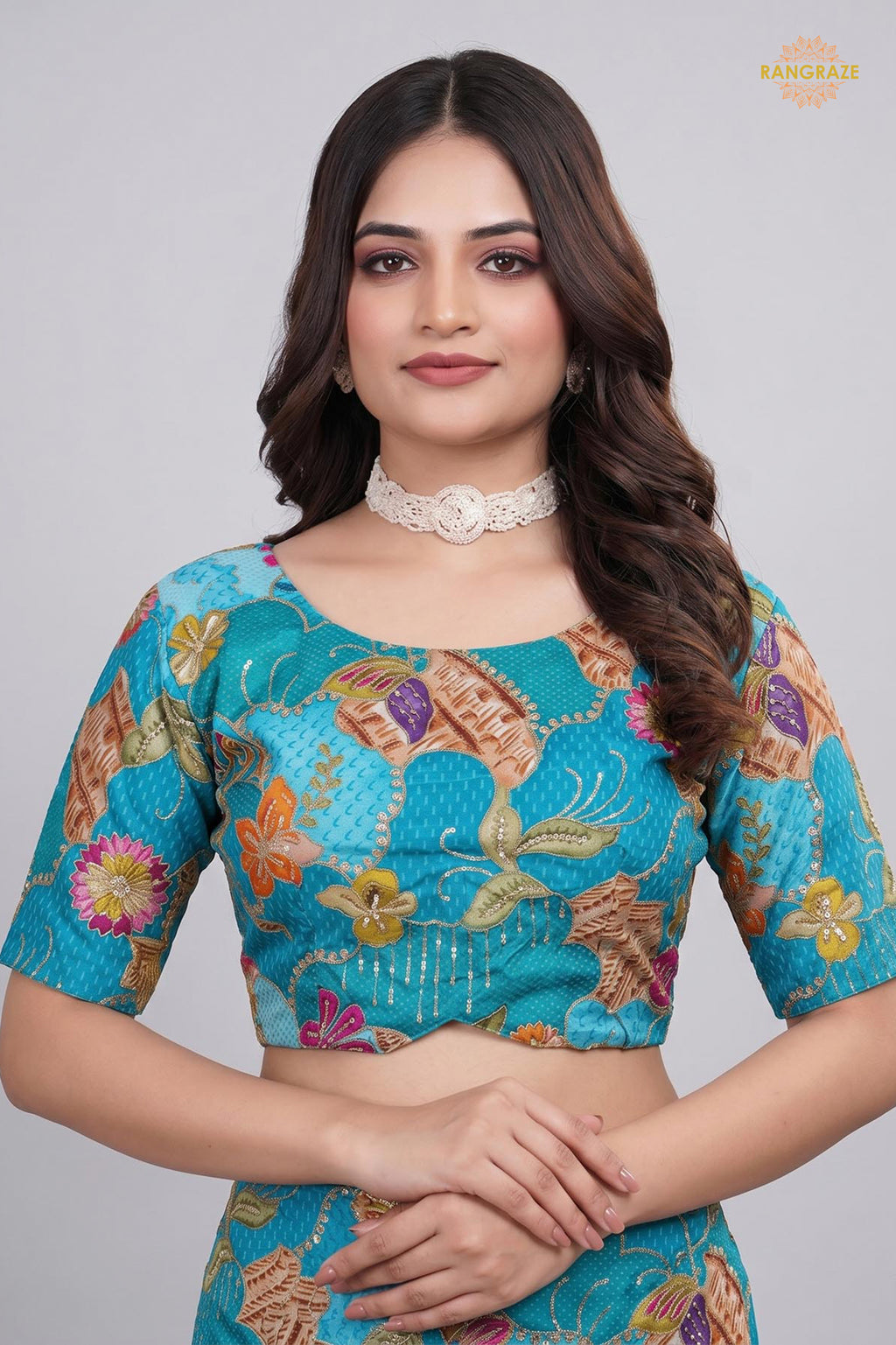 Turquoise Blue Printed Viscose Blouse with Embroidered Work