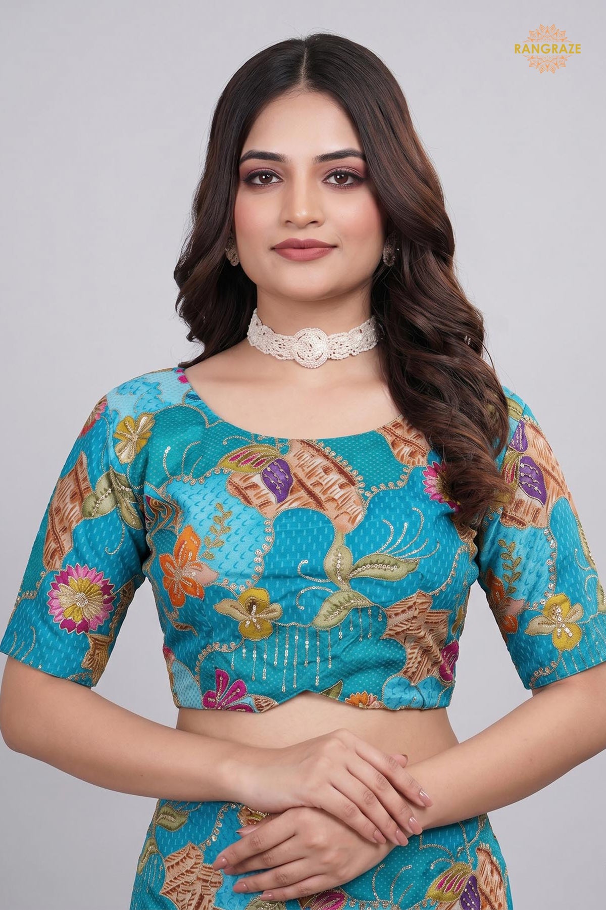Turquoise Blue Printed Viscose Blouse with Embroidered Work