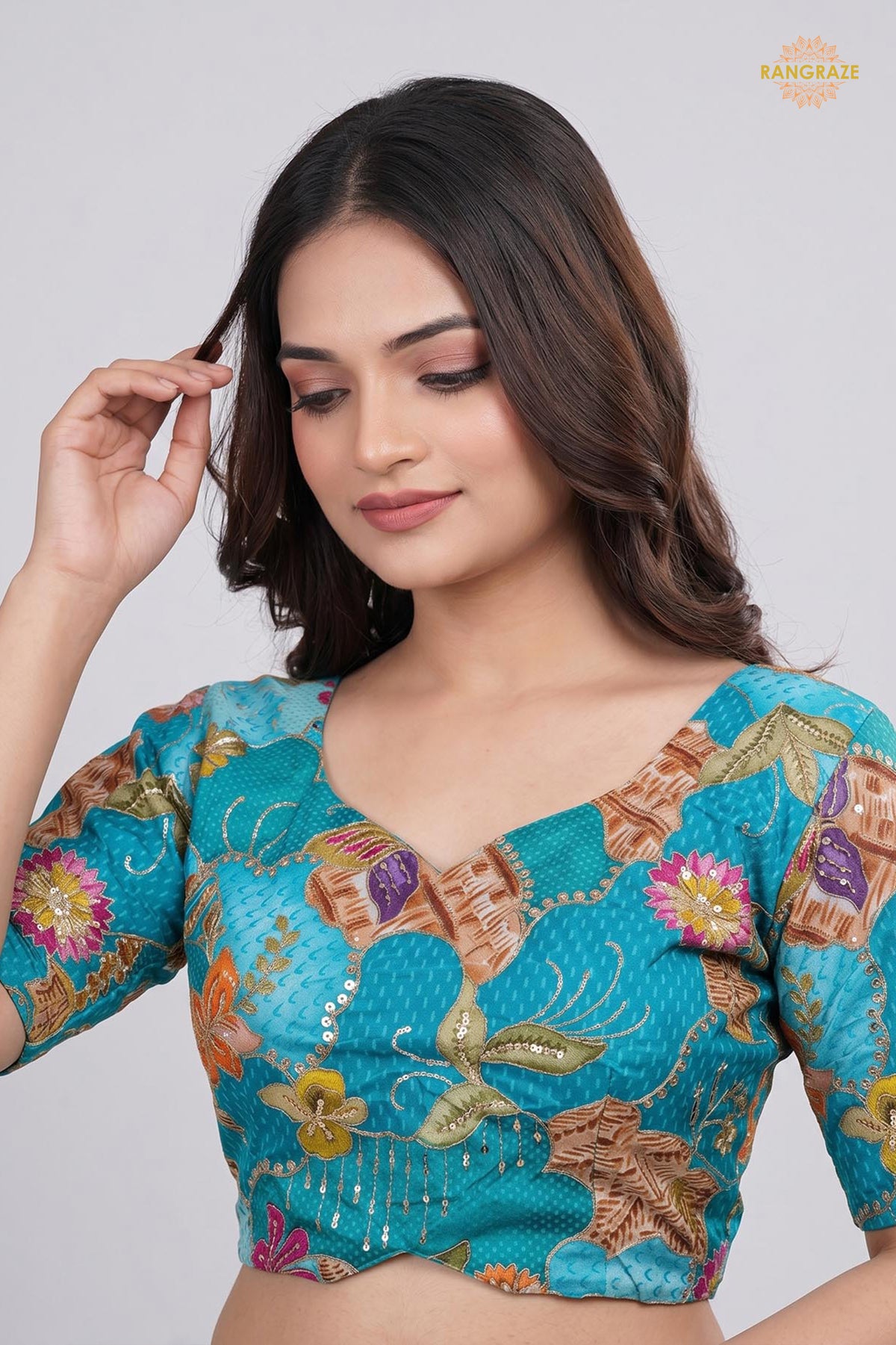 Turquoise Blue Printed Viscose Blouse with Embroidered Work