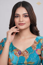 Turquoise Blue Printed Viscose Blouse with Embroidered Work