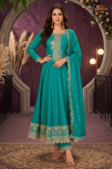 Turquoise Green Stitched Embroidered Silk Anarkali Suit
