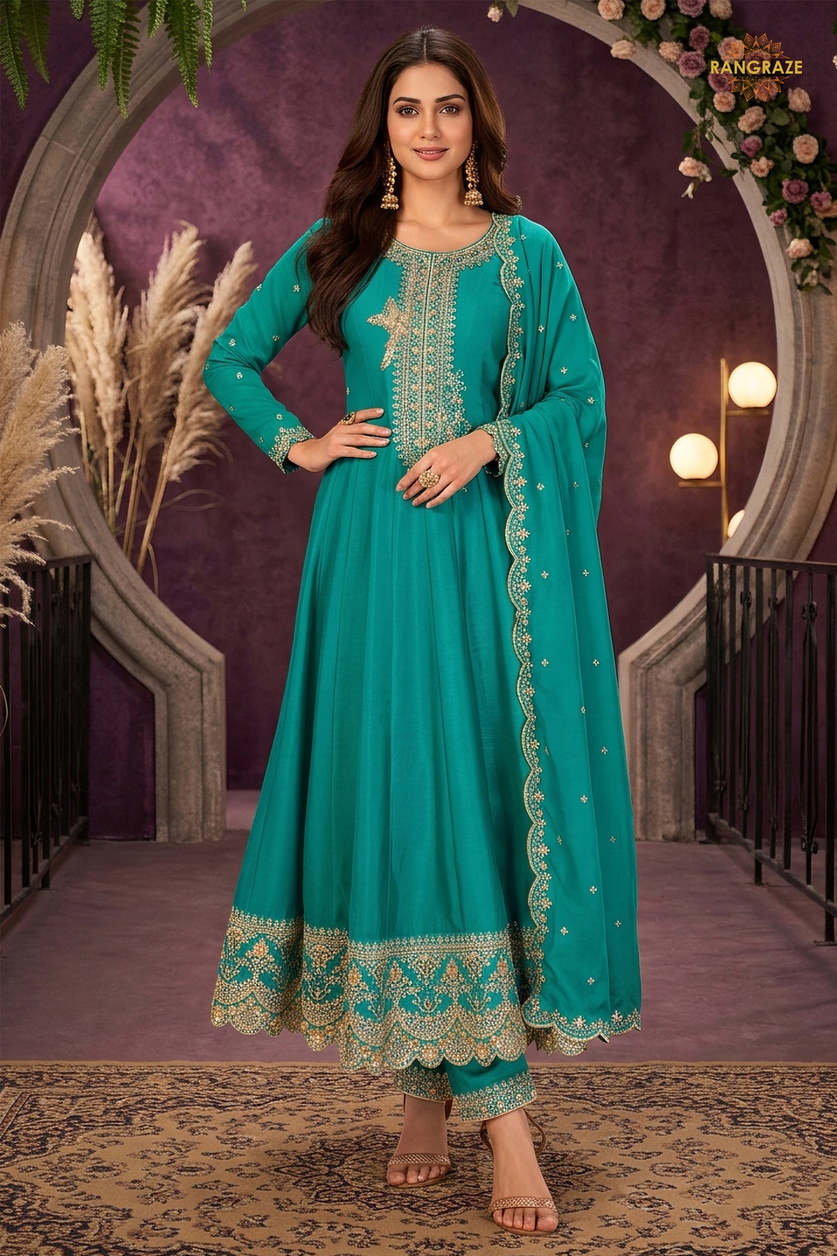 Turquoise Green Stitched Embroidered Silk Anarkali Suit