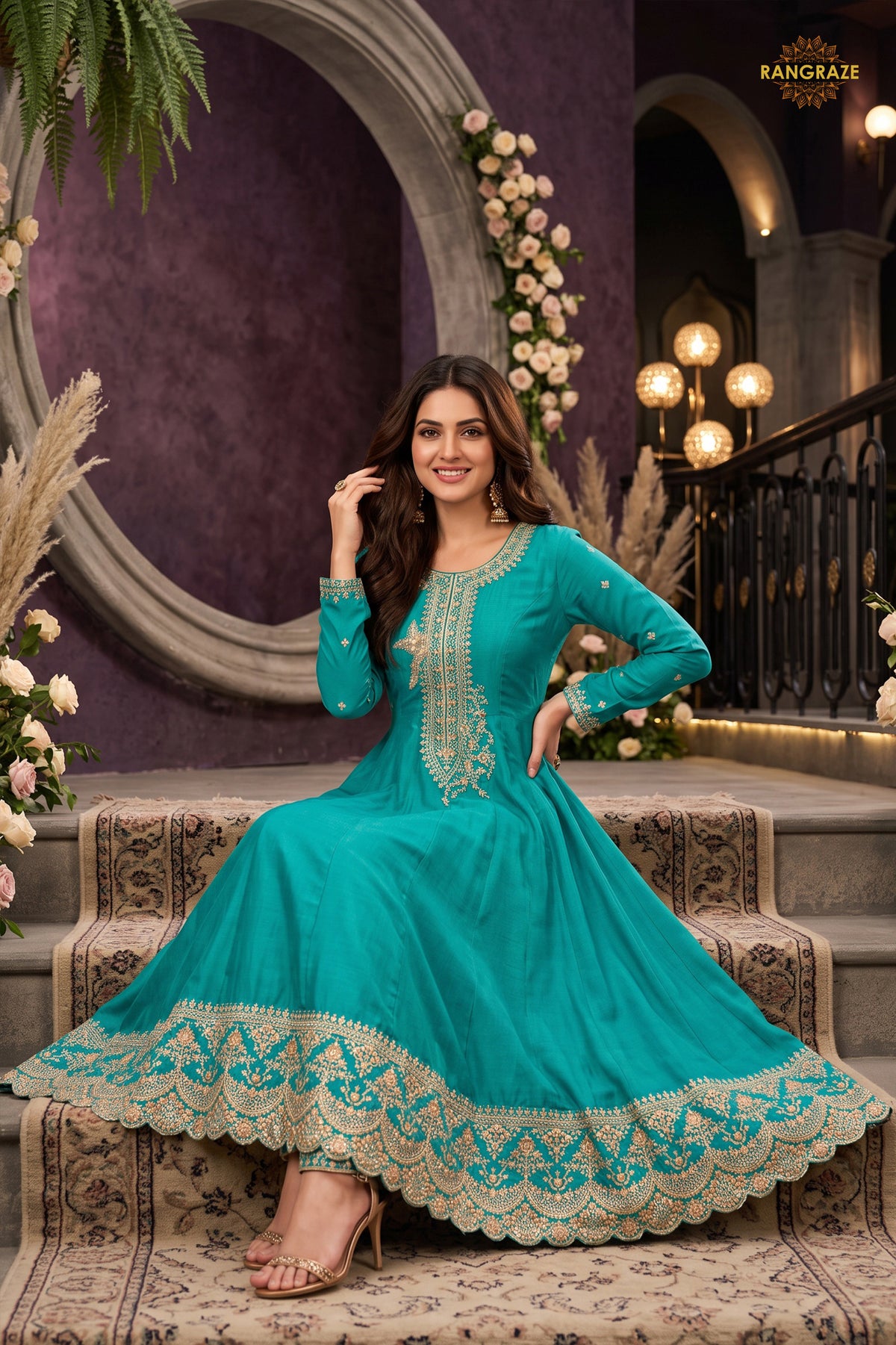Turquoise Green Stitched Embroidered Silk Anarkali Suit