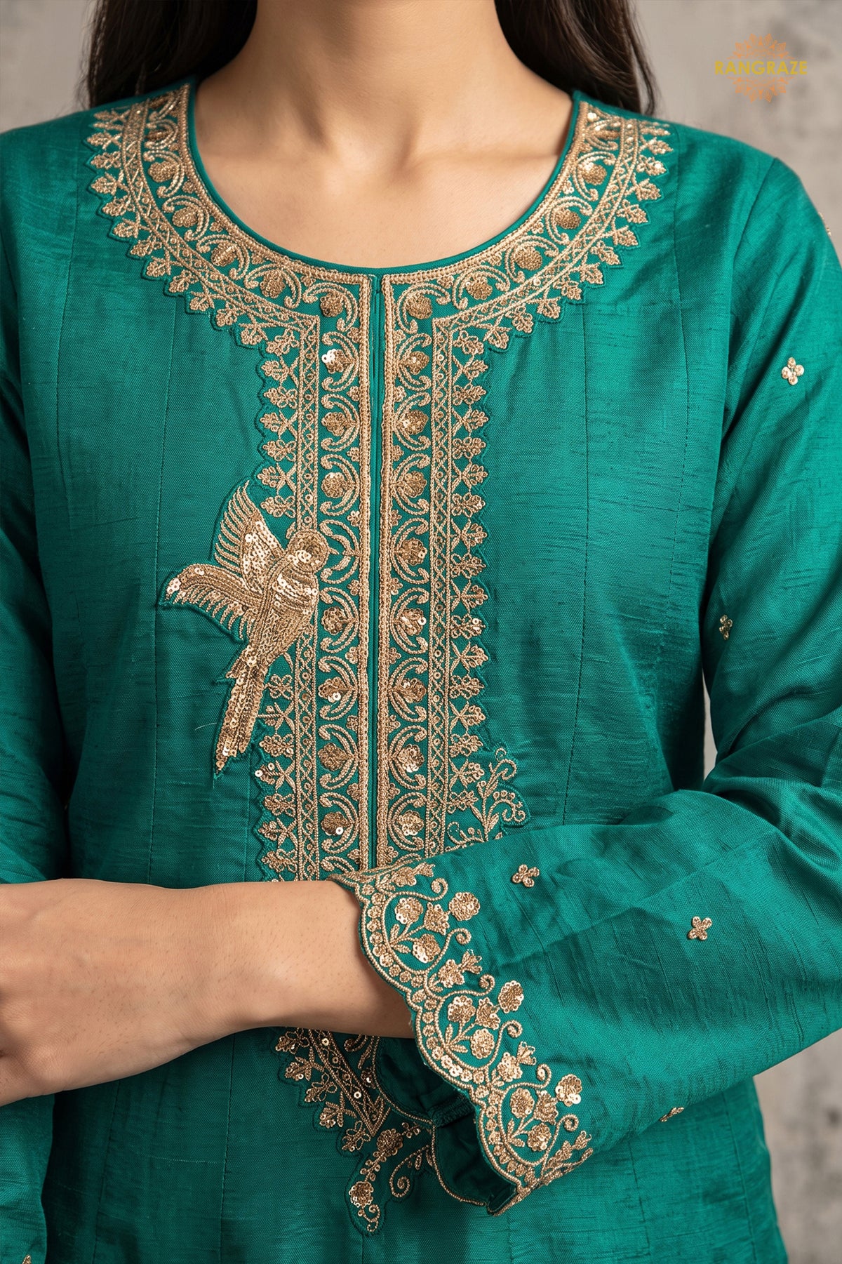 Turquoise Green Stitched Embroidered Silk Anarkali Suit