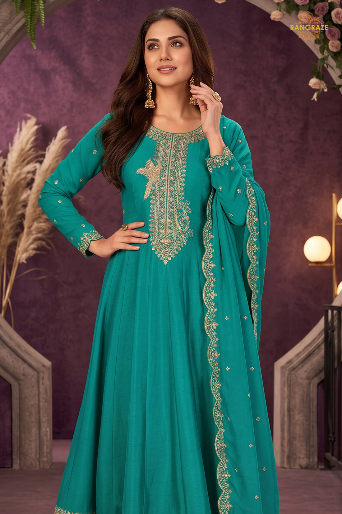 Turquoise Green Stitched Embroidered Silk Anarkali Suit