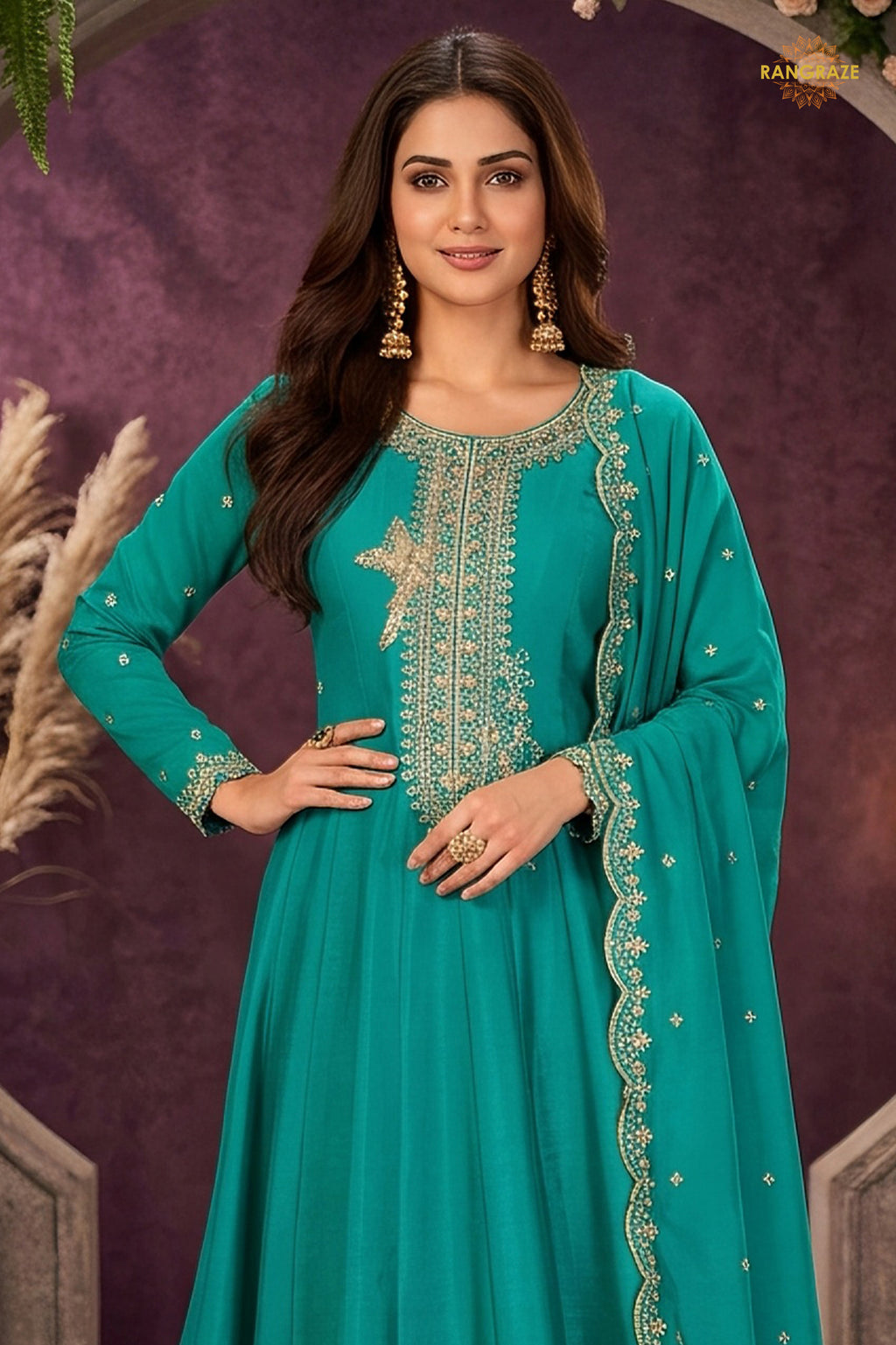 Turquoise Green Stitched Embroidered Silk Anarkali Suit