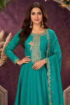 Turquoise Green Stitched Embroidered Silk Anarkali Suit