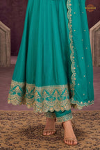Turquoise Green Stitched Embroidered Silk Anarkali Suit