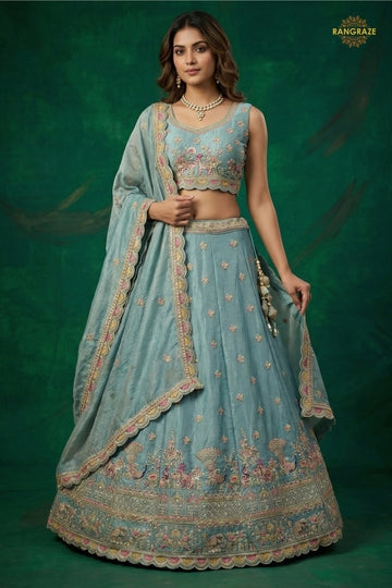 Dusty Blue Embroidered Semi-Stitched Tissue Lehenga Set