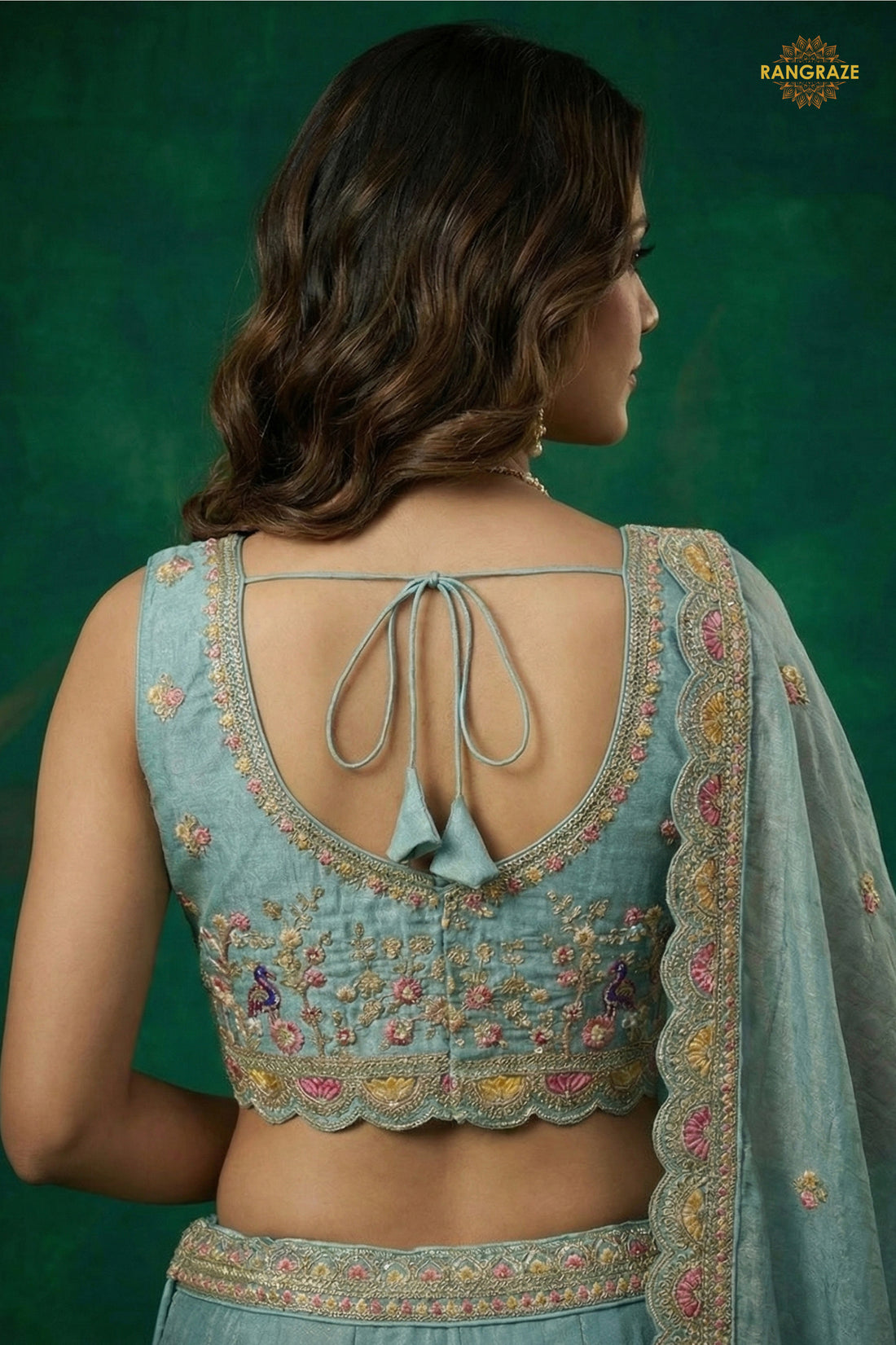 Dusty Blue Embroidered Semi-Stitched Tissue Lehenga Set