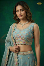 Dusty Blue Embroidered Semi-Stitched Tissue Lehenga Set
