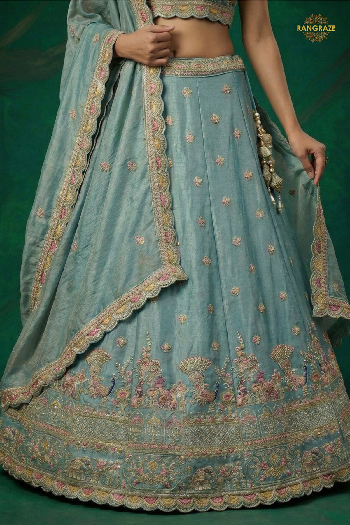 Dusty Blue Embroidered Semi-Stitched Tissue Lehenga Set