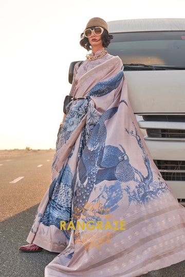 Sand Beige and Blue Woven Tussar Silk Saree