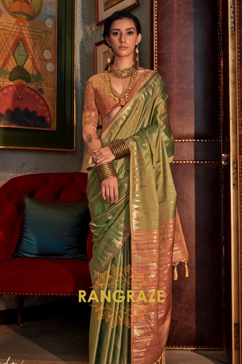 Pistachio Green Tussar Silk Saree with Copper Border