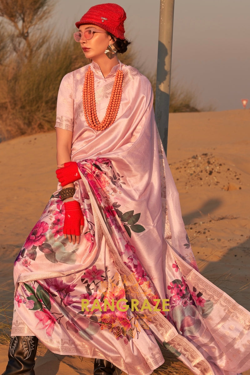 Soft Pink Woven Printed Tussar Silk Saree