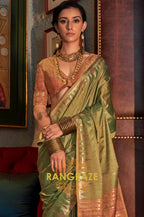 Pistachio Green Tussar Silk Saree with Copper Border