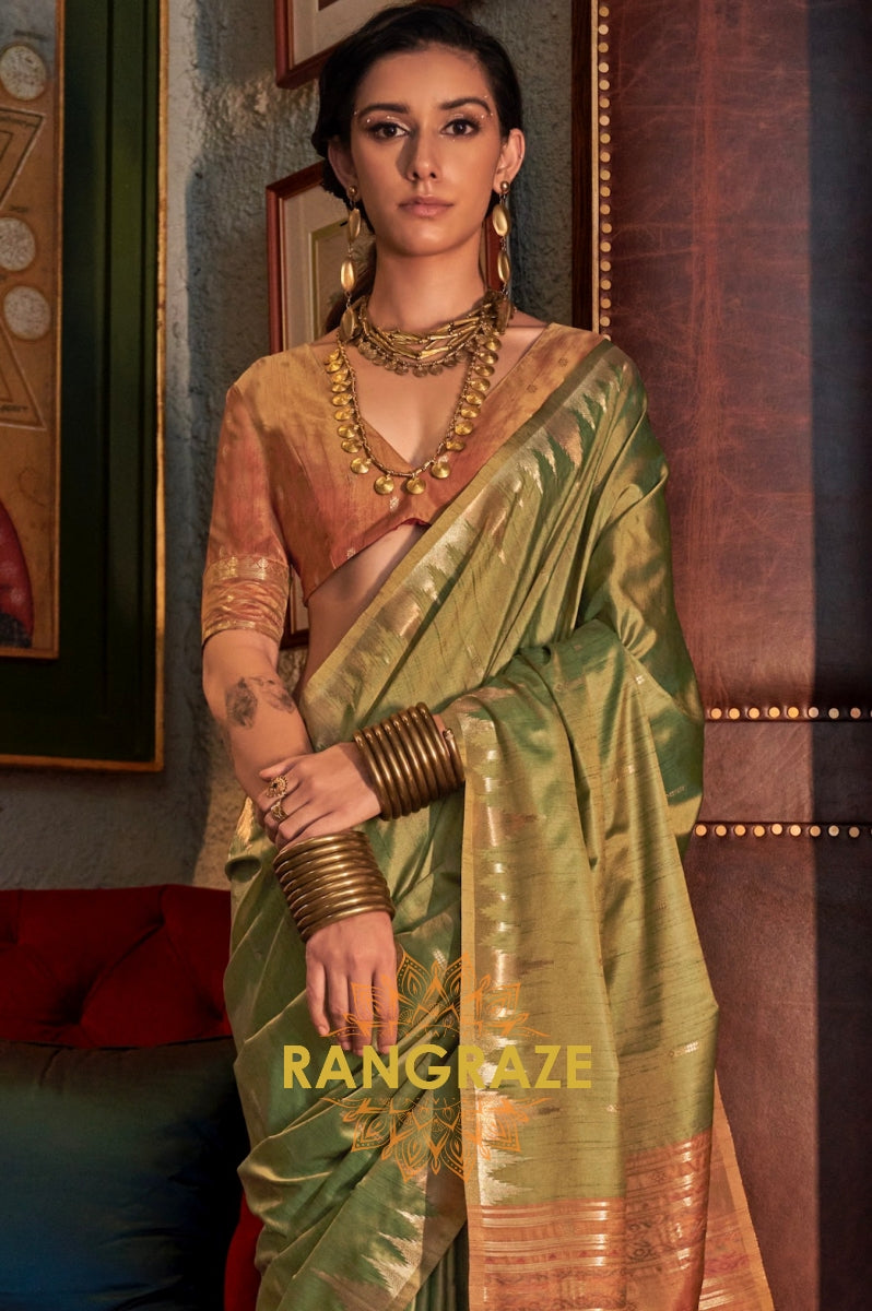 Pistachio Green Tussar Silk Saree with Copper Border