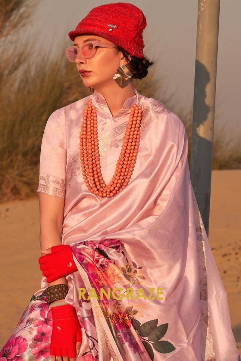 Soft Pink Woven Printed Tussar Silk Saree